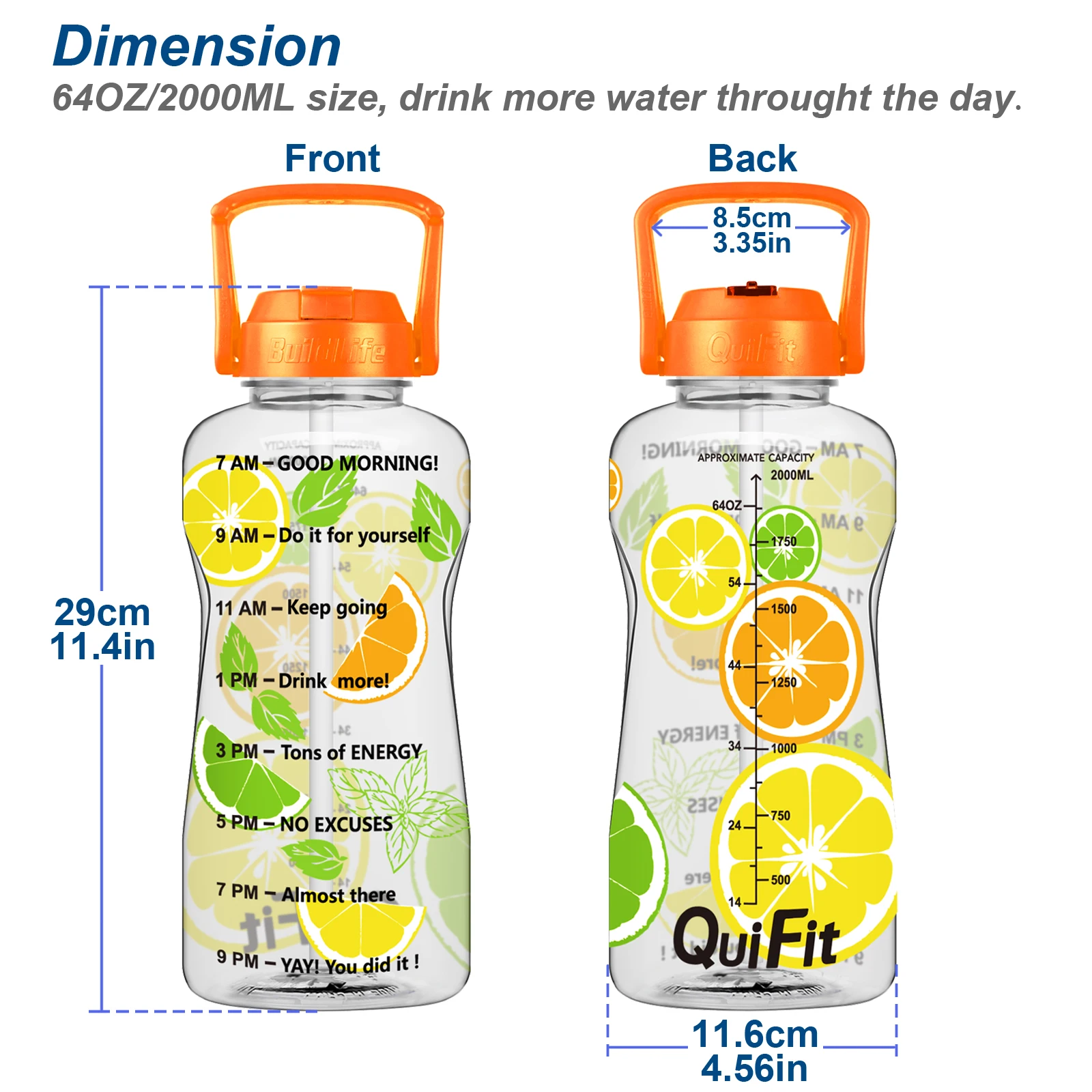 

BuildLife Motivational Gallon Water Bottle 2L 64oz &1.3L with Straw & Time Marker BPA Free Wide Mouth Large Jug Reusable Cups