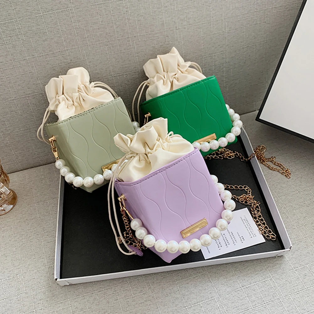 

Fashion Square Box Crossbody Bags Women PU Leather Pearl Chain Mini Shoulder Purse Drawstring Female Sling Messenger Totes