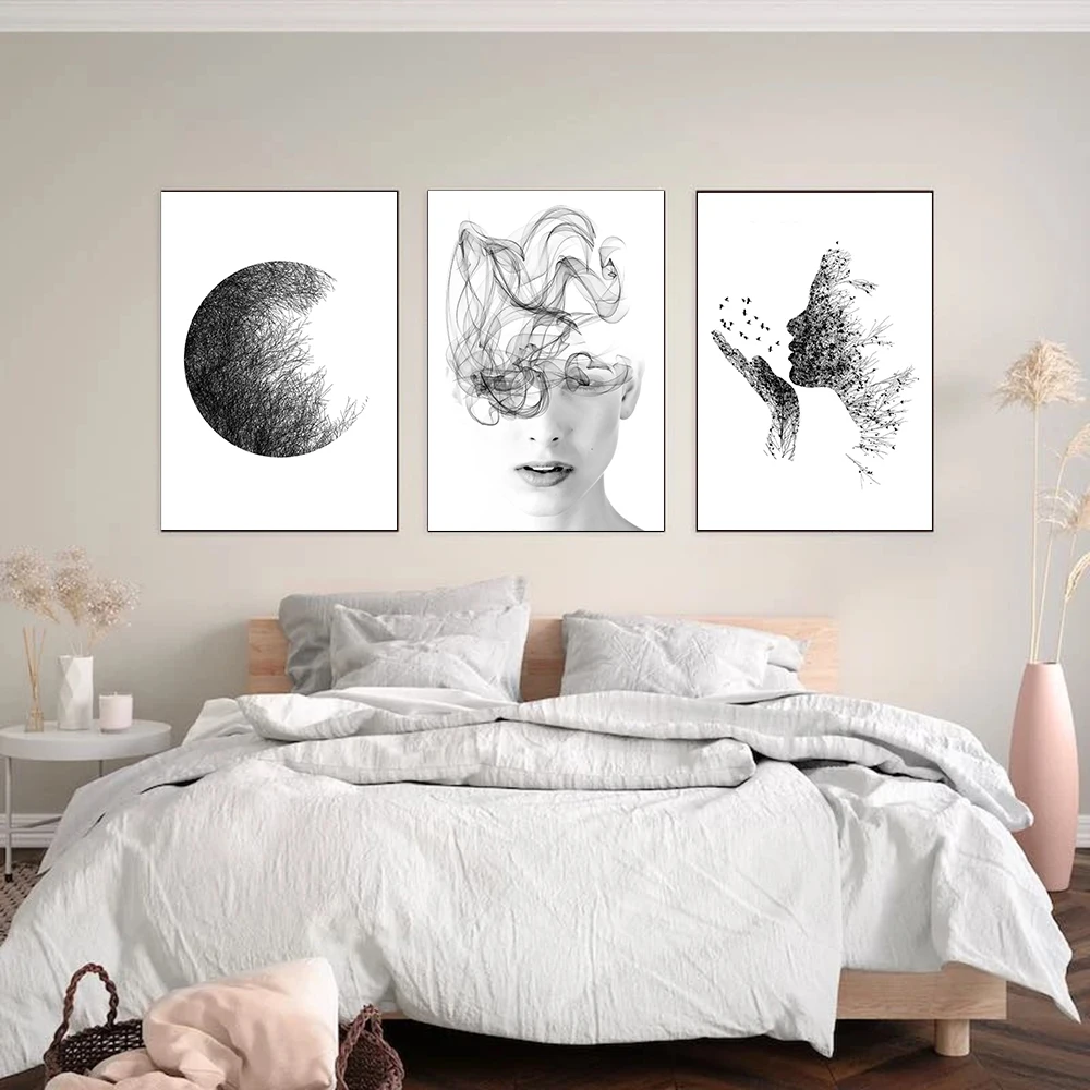

Natural Woman Portrait Art Print Black and White Nordic Minimalism Character Line Poster Canvas Painting Living Room Decoration