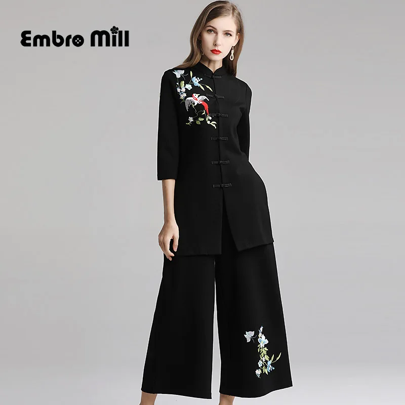 New style autumn Women two piece set Chinese stand collar Retro embroidery coat+Loose pants 2 women S-2XL |
