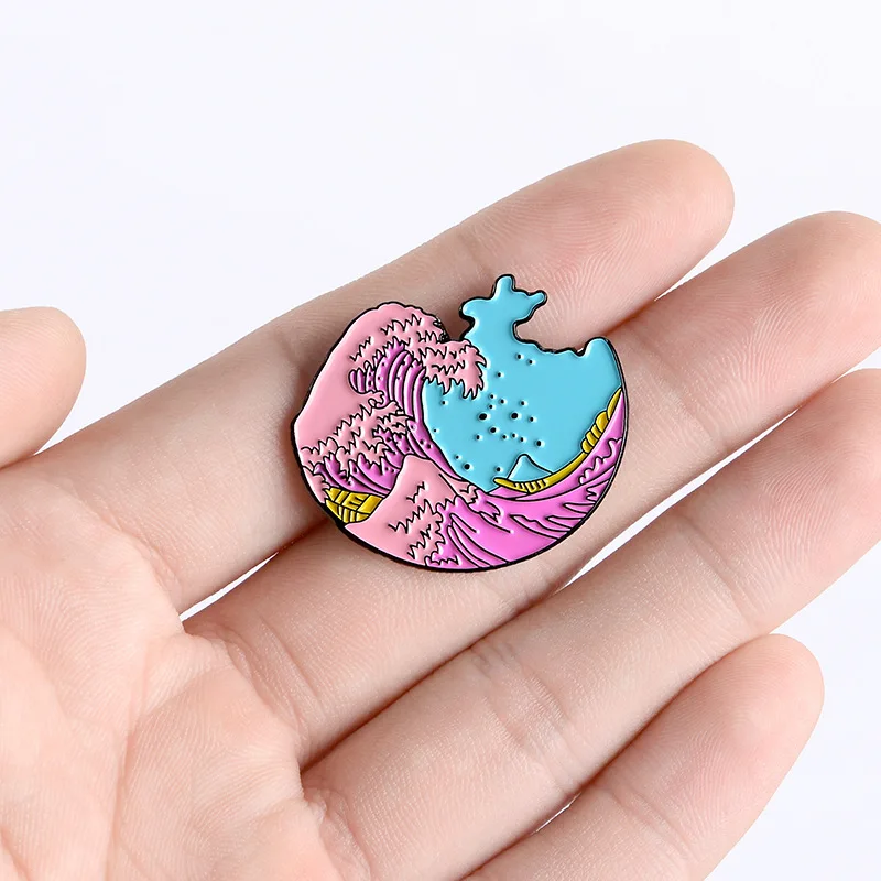 

Cartoon Pink Sea Wave Ocean Spray Brooch Enamel Pins Metal Broches for Men Women Badge Pines Metalicos Brosche Accessories