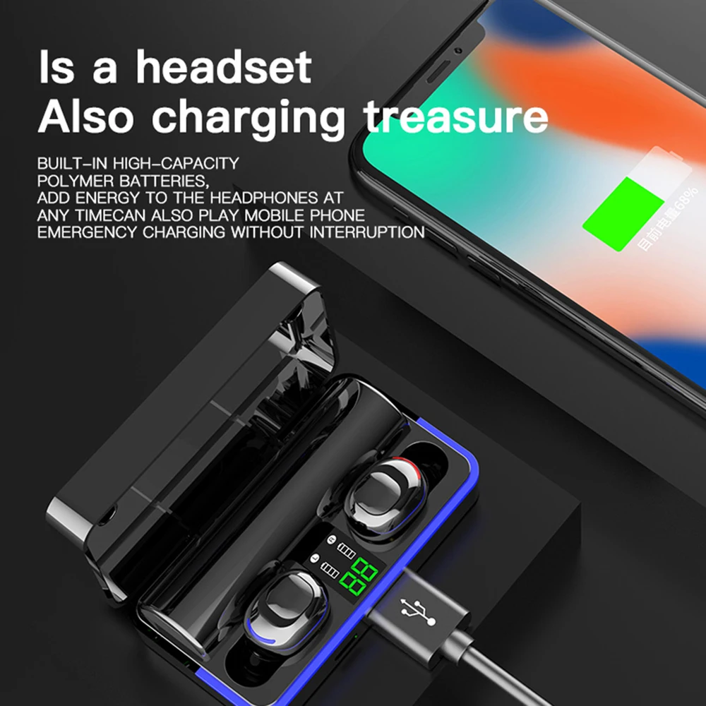 W12, TWS, Bluetooth 5,0, беспроводная гарнитура, наушники, мини наушники, HIFI звук, наушники в ухо, 1800 мАч, Powerbank с микрофоном для телефона