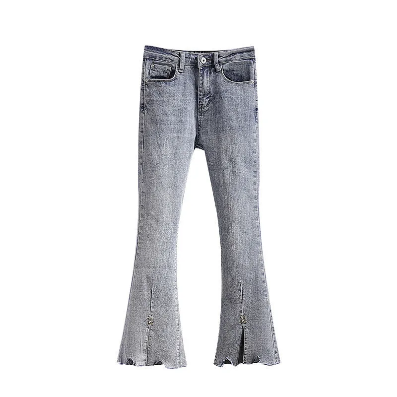 

5XL Plus Size Jeans Women's Spring Summer New Solid Color Stretch Button Zipper High Waist Slim-fit Denim Cropped Flared Pants