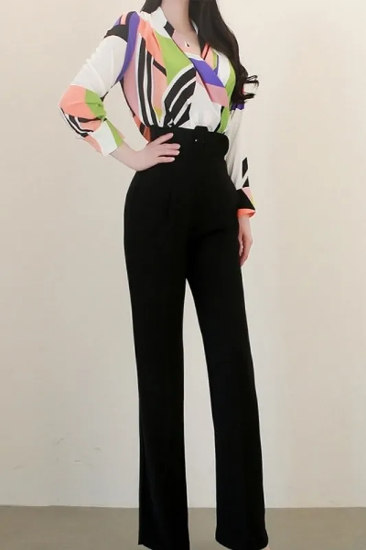

New 2-piece suit 2021 spring fashion and elegant V-neck printed shirt top and slim trousers ladies professional suit