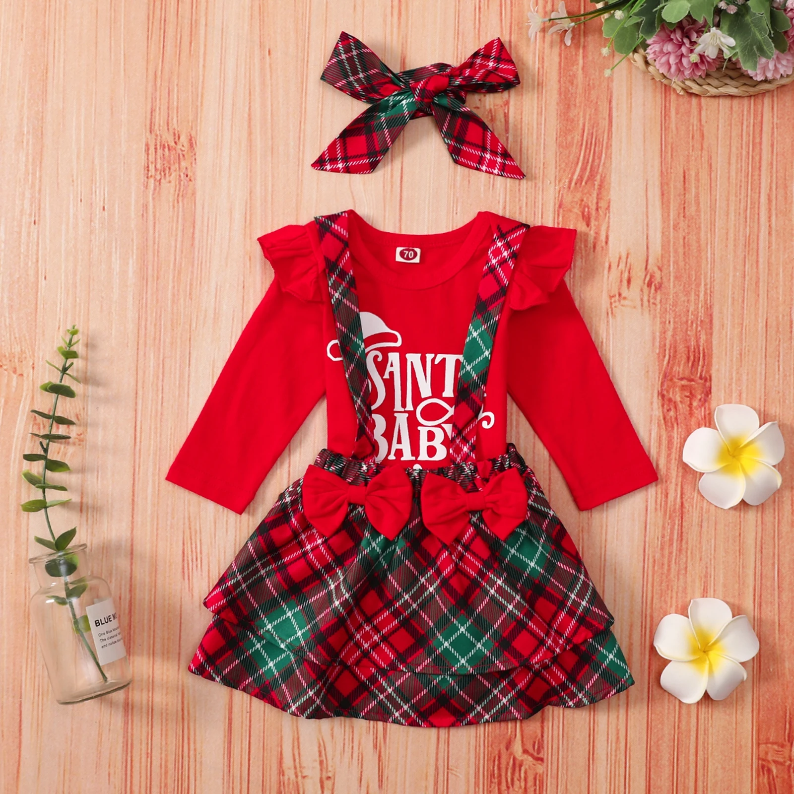 

3Pcs Christmas Baby Girls Outfit Letter Printing Long Sleeve Round Collar Romper + Plaid Suspender Skirt + Headwear Set