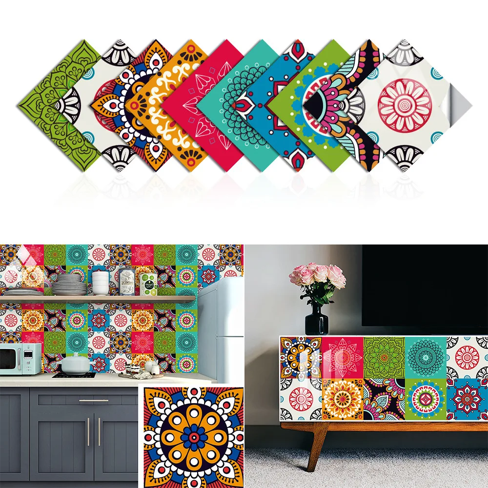 

10 Pcs Mandala Pattern Wall Tile Stickers Ceramic Removable Wallpaper Antique Self-adhesive Flower Fighting Retro Refurbished