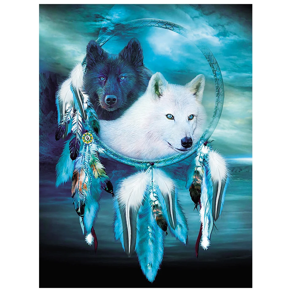 

5D DIY Full Round Diamond Painting Two Wolf Totem Animal Mosaic Cross Stitch AB Color Resin Diamond Embroidery Home Decoration