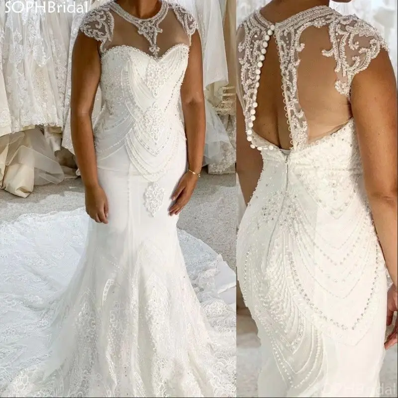 

New Arrival African Mermaid Wedding Dresse Beading Sequins Vestidos de Novia Buttons Sheer Neckline Bridal Dress Robe de Marie