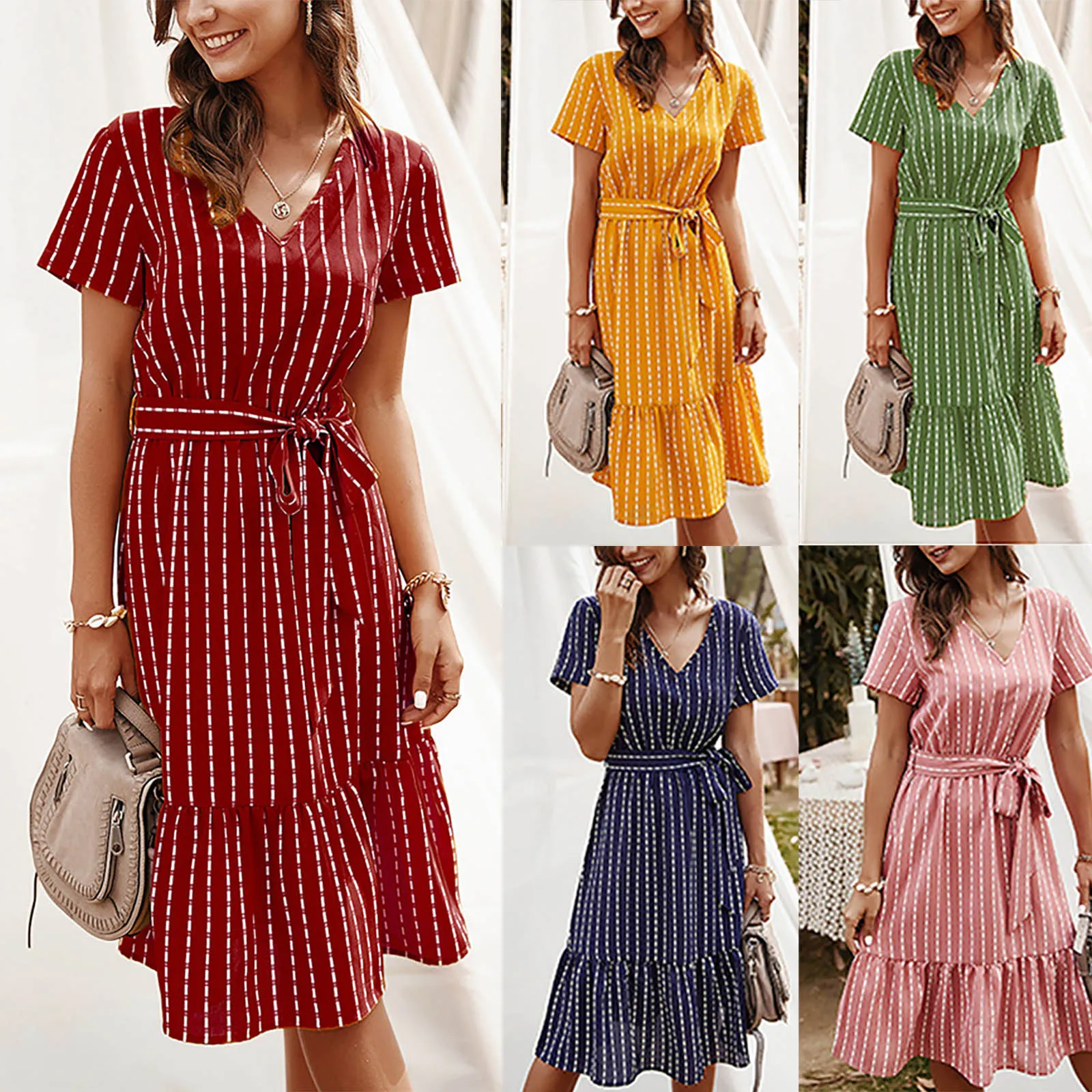

Sexy V Neck Stripe Print Self Tie Wrap Dress Mini Dress Women Boho Ruffle Short Sleeve Summer Midi Dresses Vestidos