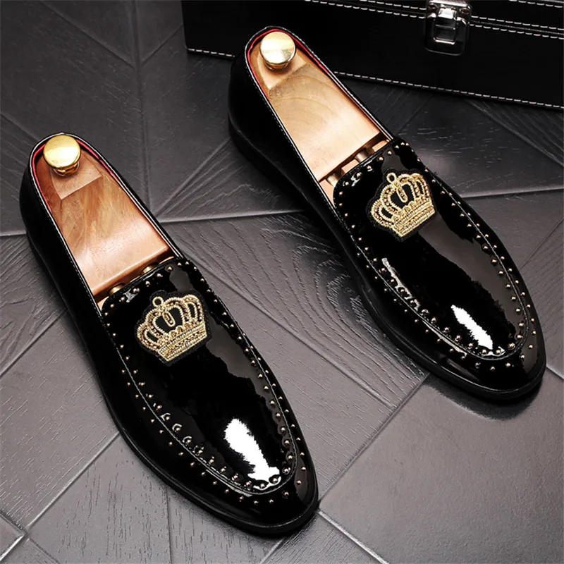 

New arrival Men charming glitter embroidery crown flats Dress gentleman Shoes Male Wedding Homecoming Evening Groom Prom shoes