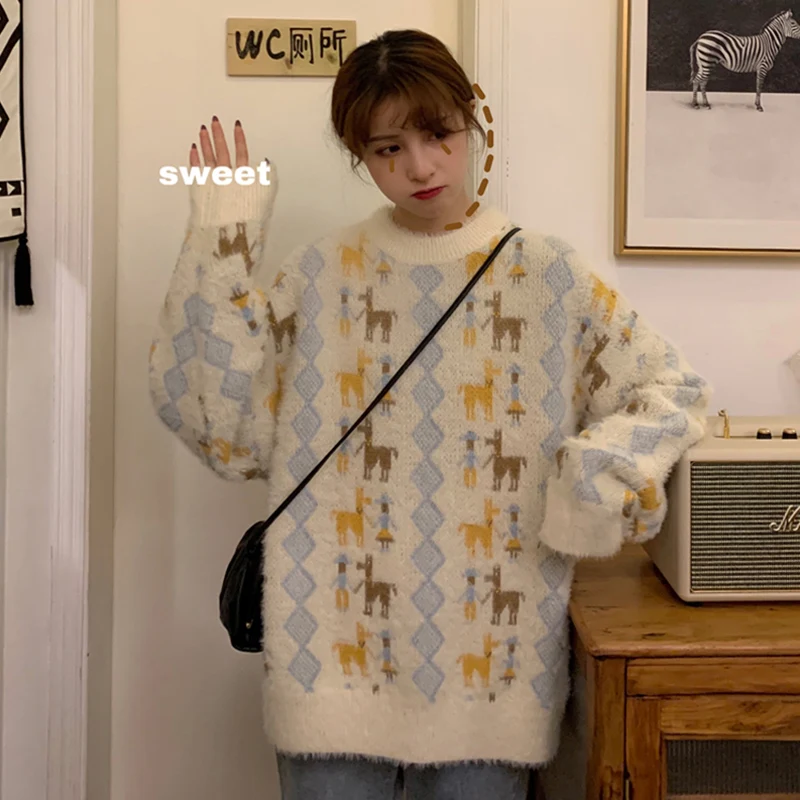 

winter pullovers sweaters for women fashion 2020 argyle clothing korean style knitted oversized long sleeve graphic knit warm