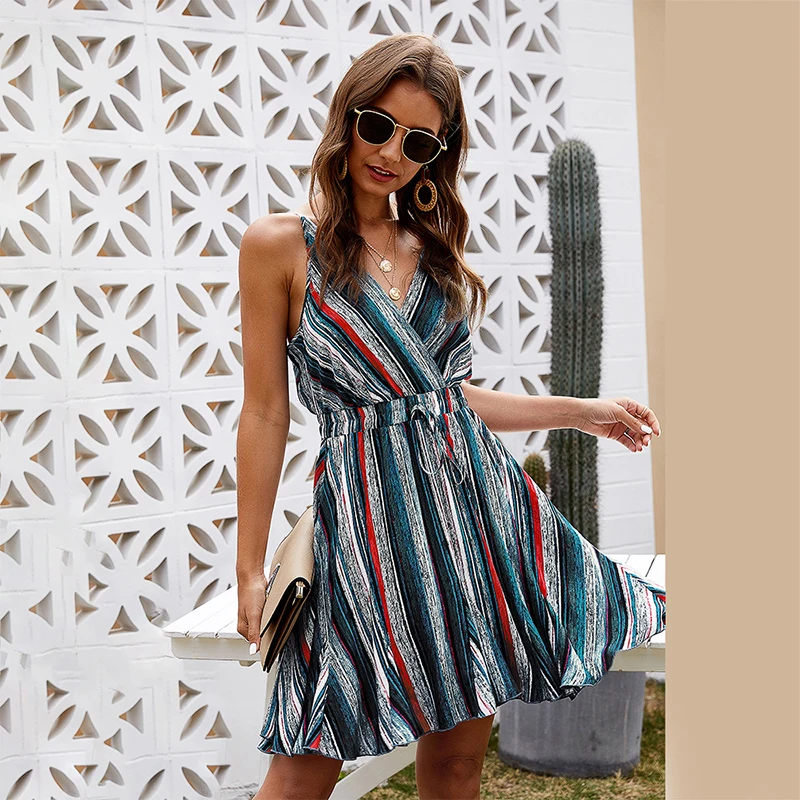 

2021 Women Elegent Bow Knot A-Line Dress New Summer Sexy V-Neck Strap Print Beach Dresses Ladies Sleeveless Party Slim Vestidos