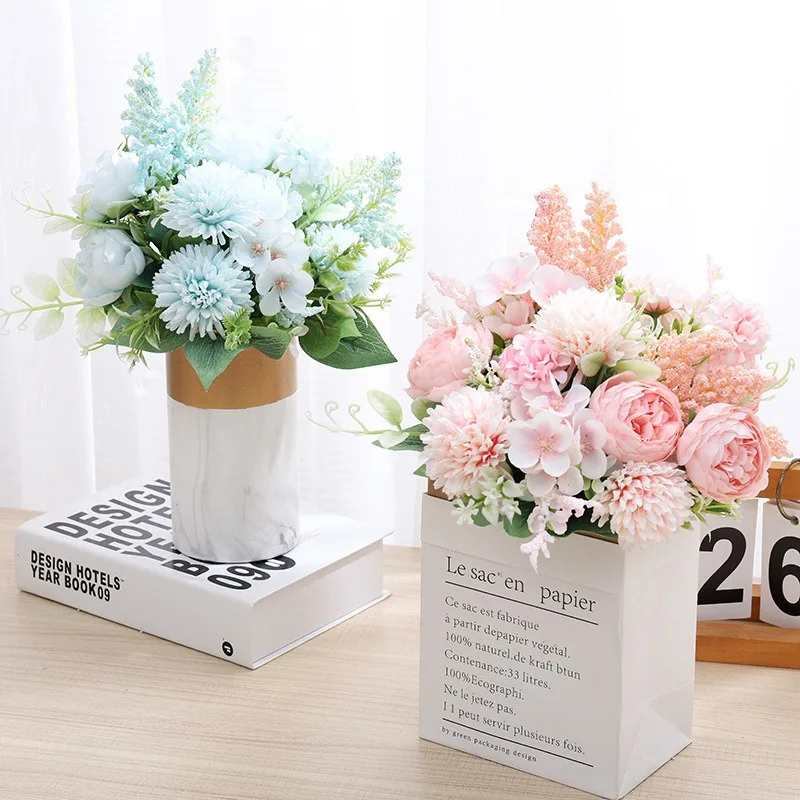 

New European-style Core-spun Peony Simulation Flower Ball Chrysanthemum Hydrangea Bouquet Wheat Ear For Wedding Party Home Decor