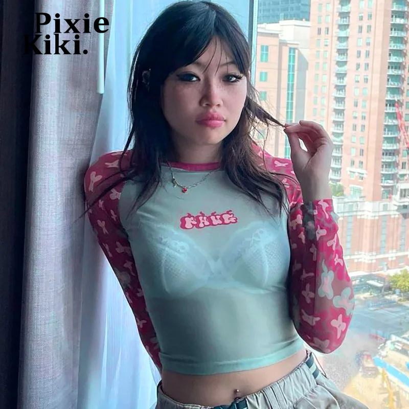

Уличная одежда PixieKiki Y2k, прозрачная Сетчатая футболка с графическим рисунком, сексуальный модный кроп-топ с длинным рукавом, женская одежда, ...