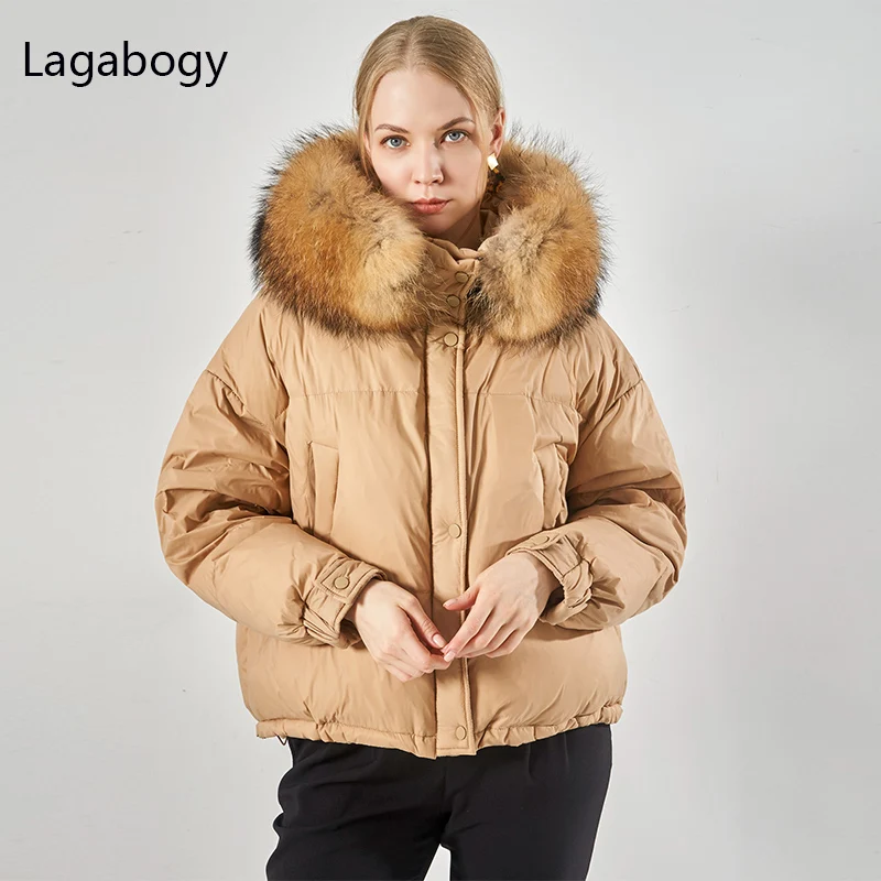 Пуховик Lagabogy женский с капюшоном теплая свободная парка на белом утином пуху