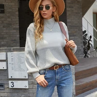 fashion women sweater new casual hot sale high neck pullover stitching contrast loose knitted lantern sleeve sweater