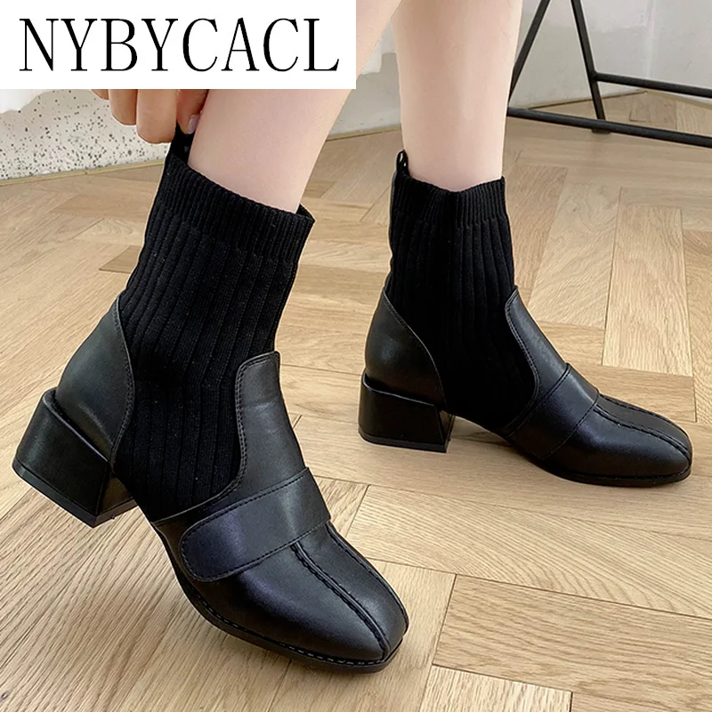 

2021 Autumn New Fashion Platform Pu Leather Women's Short Boots Square Toe Mid-heel Stitching Elastic Women's Ankle Casual Boots
