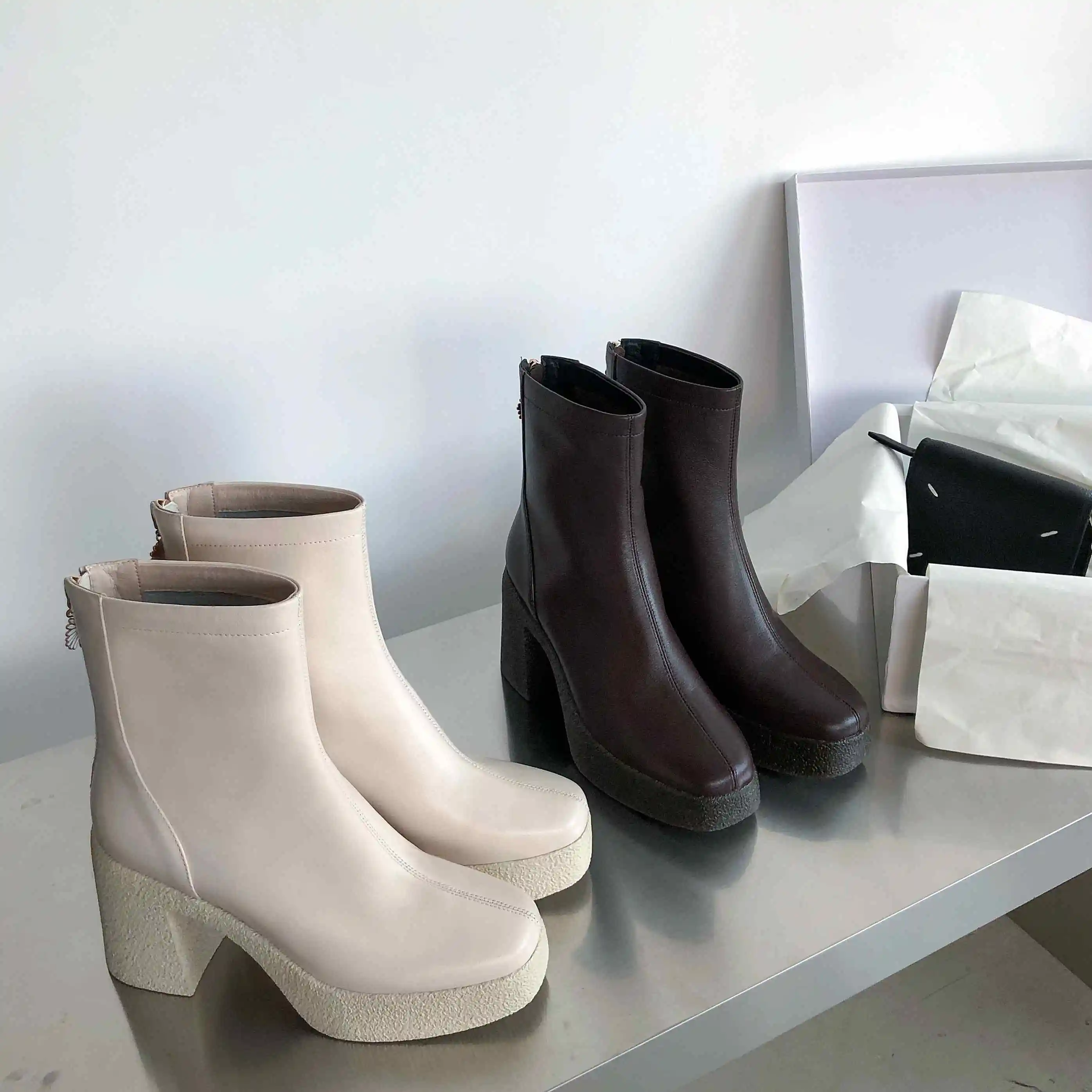 

Vichelo Hot fashion boots genuine leather platform nightclub square toe super high heel zipper noble young lady ankle boots L02