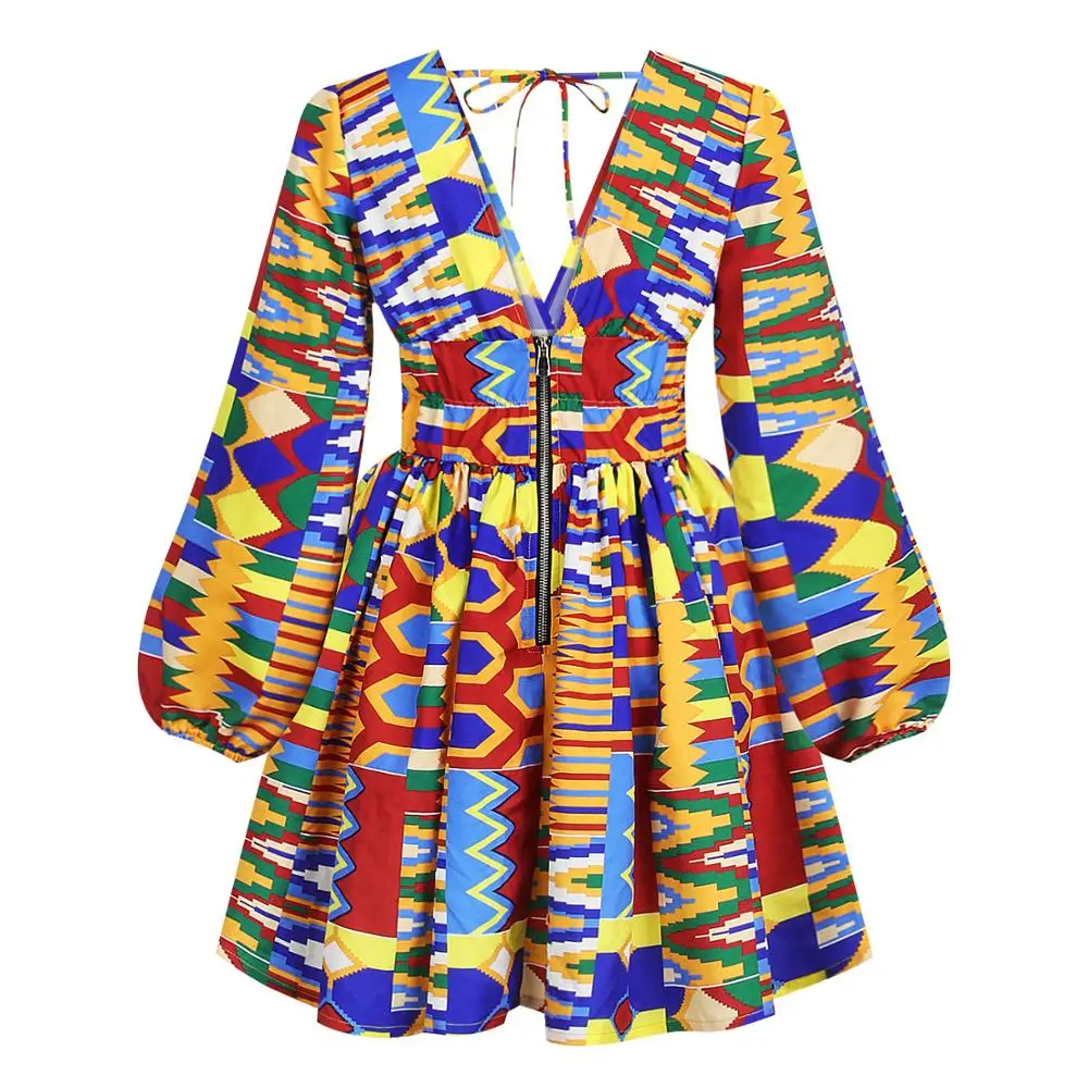 

Autumn and winter new women's African style digital printing fashion sexy long-sleeved V-neck open back dress dress ladies skirt