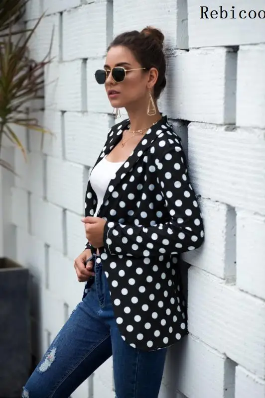 Женский Повседневный пиджак в горошек черный офисный с рукавами складку деловая