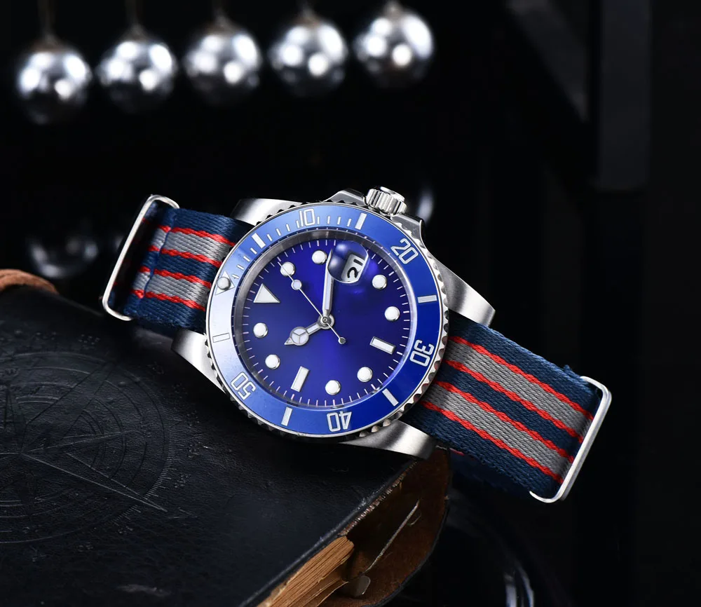 

Watch self-winding blue sterile dial ceramic rotating bezel nylon hand strap