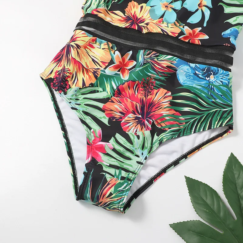 

One Piece Swimsuit Women Swimwear 2021 New Swimming Suit Sexy Momokini Summer Mesh Splicing Retro Print Bodysuit Bathing Suit