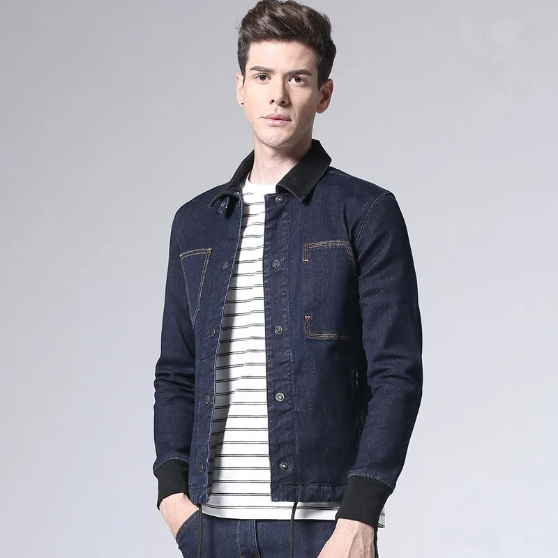 Джинсовая куртка мужская с отложным воротником однобортная приталенная Верхняя