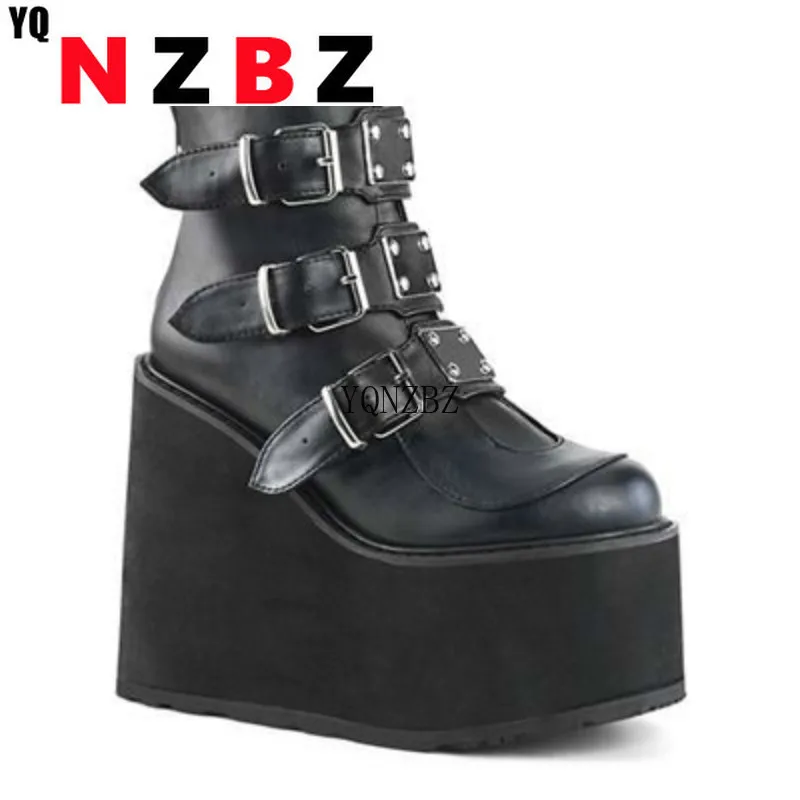 

New Winter Metal Buckle Ankel black Boots Women Punk Female Platform Boots High Heels Women Wedges Boots Botas Mujer Plus Size