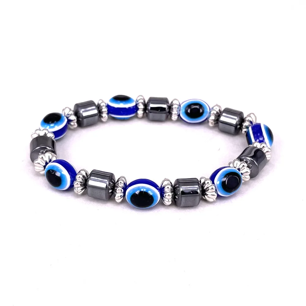 

Turkey Blue Eye Beaded Bracelet Hematite Evil Eye Elastic Bangle Acrylic Chain ChakraYoga Jewelry Fashion Accessories