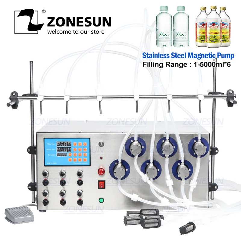 

ZONESUN 6 головок, магнитный насос для напитков, духов, воды, сока, эфирных масел, электрическая цифровая машина для розлива жидких Бутылок