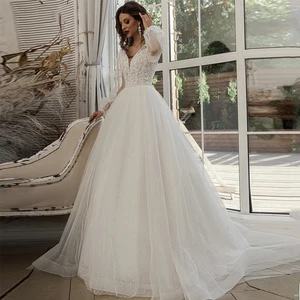 Polka Dot Tulle Wedding Dresses Elegant Long Puff Sleeve V Neck Lace Appliques A Line Court Train Bridal Gowns 2021 Plus Size