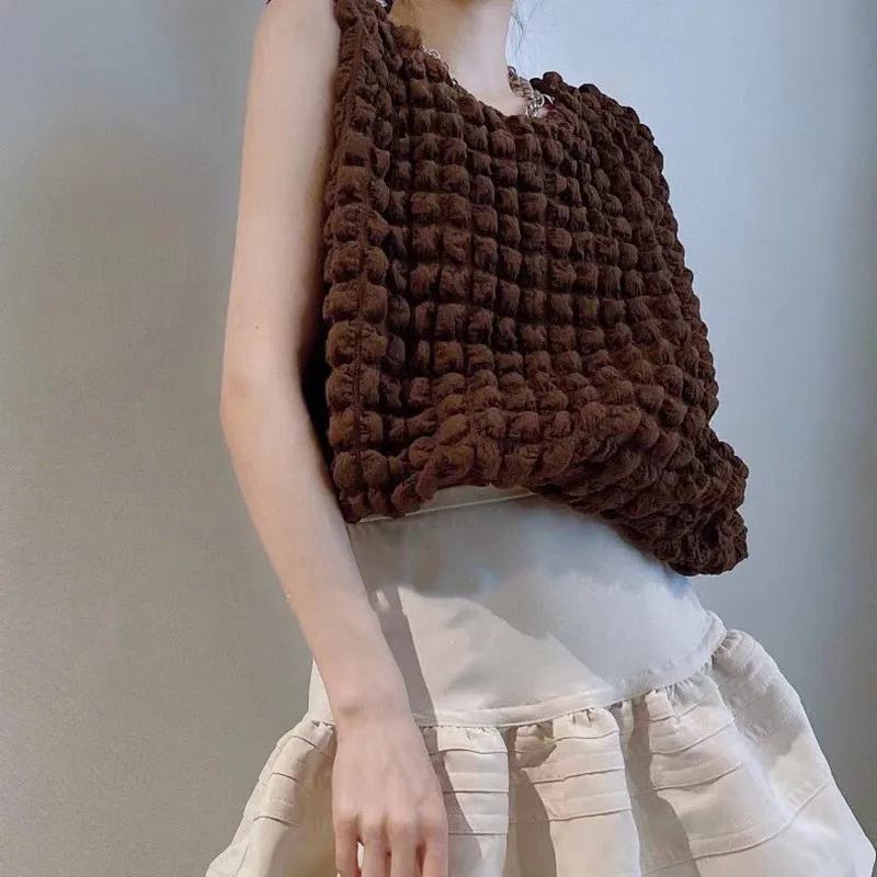 

Solid Color Loose New Ladies Summer Folds Vest Female High Street Fashion Slim Top Ladies Casual Sweet Sleeveless Tees ML133