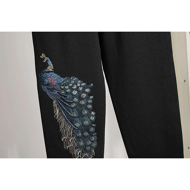 

Black Knitting Outfits Peacock Embroidery Pullover Sweater Long Pencil Pants Women Two Piece Set Casual Knitted Tracksuit Female