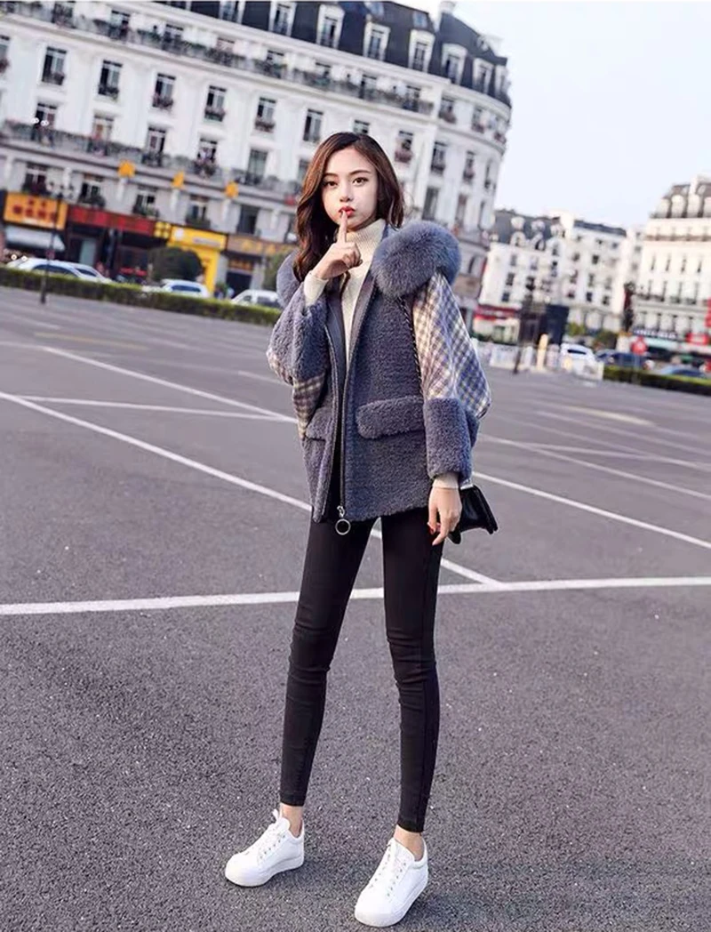 Мягкий сиамский кардиган Женское пальто утолщенное с берберским флисом в клетку