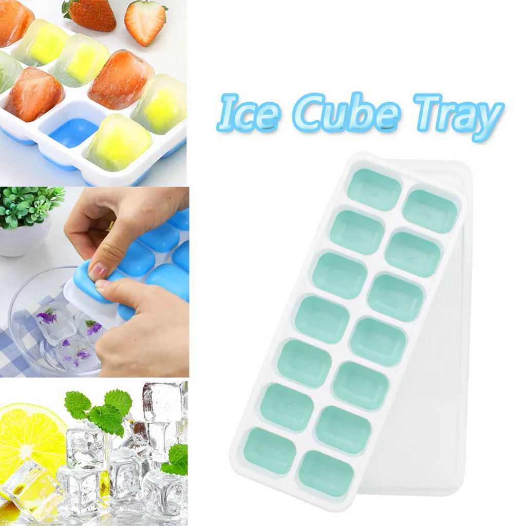 Summer Ice Cream Mold Covered Tray Set With 14 Cubes Molds Popsicle Maker Flexible Rubber Plastic Stackable Kitchen Tool |