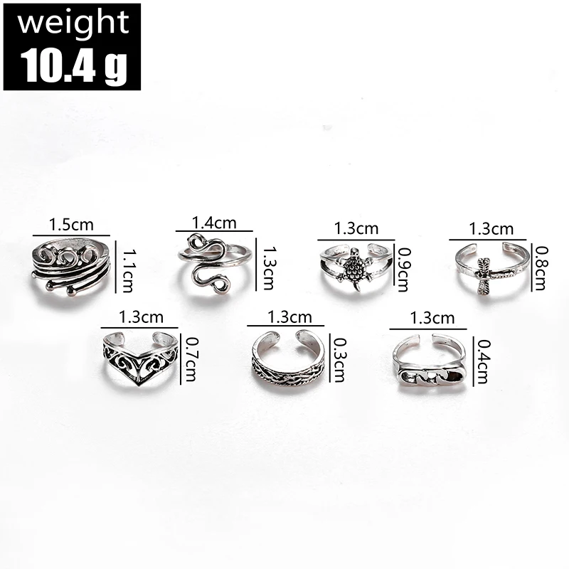 7 шт. винтажные волнистые кольца для ног черепахи старинная резьба летние пляжные