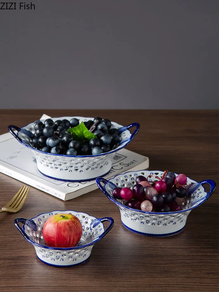 Home Ceramic Bowl Blue and White Porcelain Openwork Plate Tea Table Vegetable Fruit Basket Kitchen Storage Supplies | Дом и сад