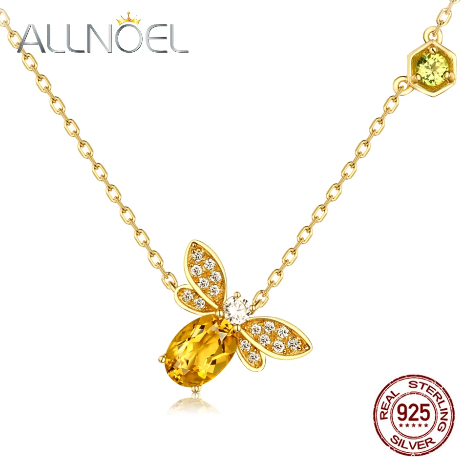 ALLNOEL Bee 5x7mm 1ct Natural Citrine 925 Sterling Silver Jewelry 14K Yellow Gold Plated Chain Pendant Necklace S925 Gift