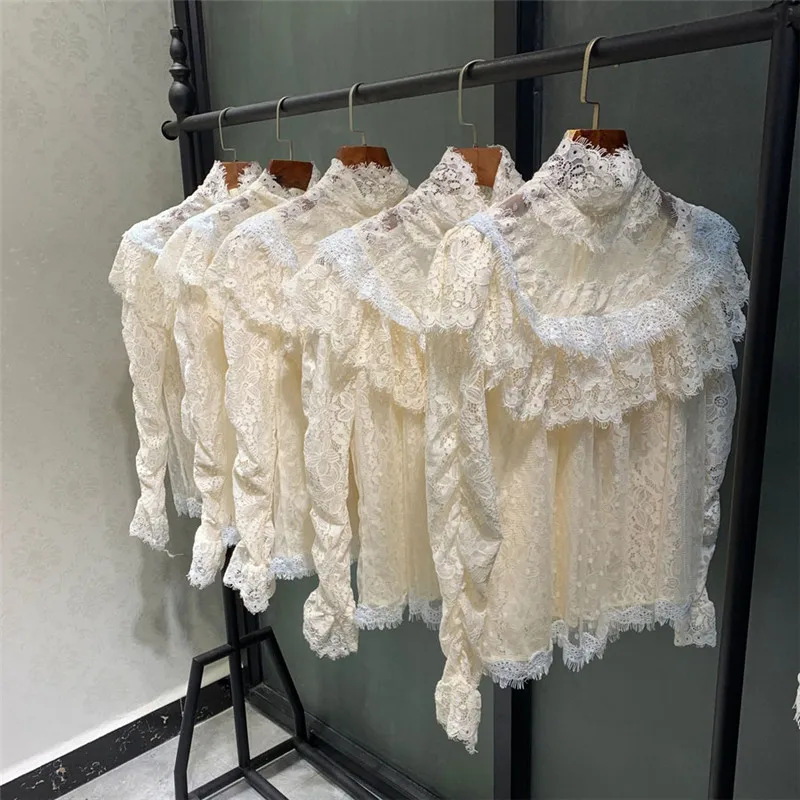 Autumn Runway Designer Two Piece Set Women Long Sleeve Lace Blouse+ Irregular Printed Skirt Set