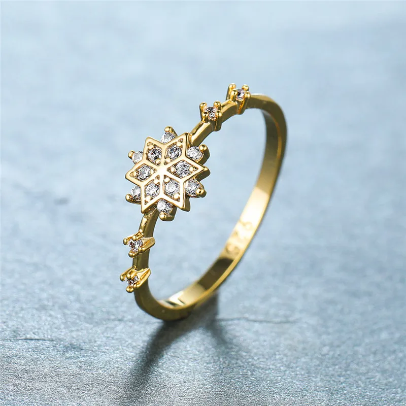 

Cute Female White Crystal Stone Ring Vintage Zircon Gold Thin Wedding Rings For Women Promise Bride Snowflake Engagement Ring