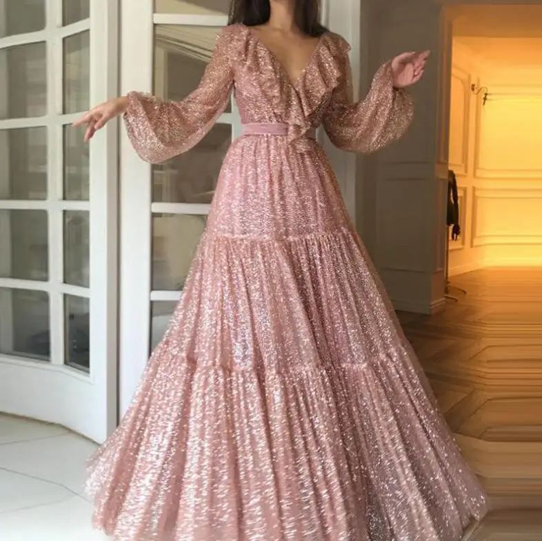 

2020 Gold Pink Long Prom Dresses A Line Sexy V-neck Long Sleeves Formal Pageant Holidays Wear Graduation Evening Party Gowns