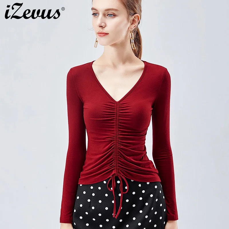 

IZEVUS осень женские блузы с длинным рукавом Slim Fit Футболка сексуальное нижнее белье с глубоким v-образным вырезом Темперамент бантом Плиссиро...