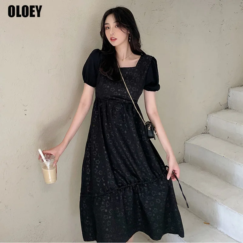 

French Square Neck Puff Sleeve Black Dress Korean Women'S 2021 Summer New Temperament Slim Printing Dress One Piece Office Dress