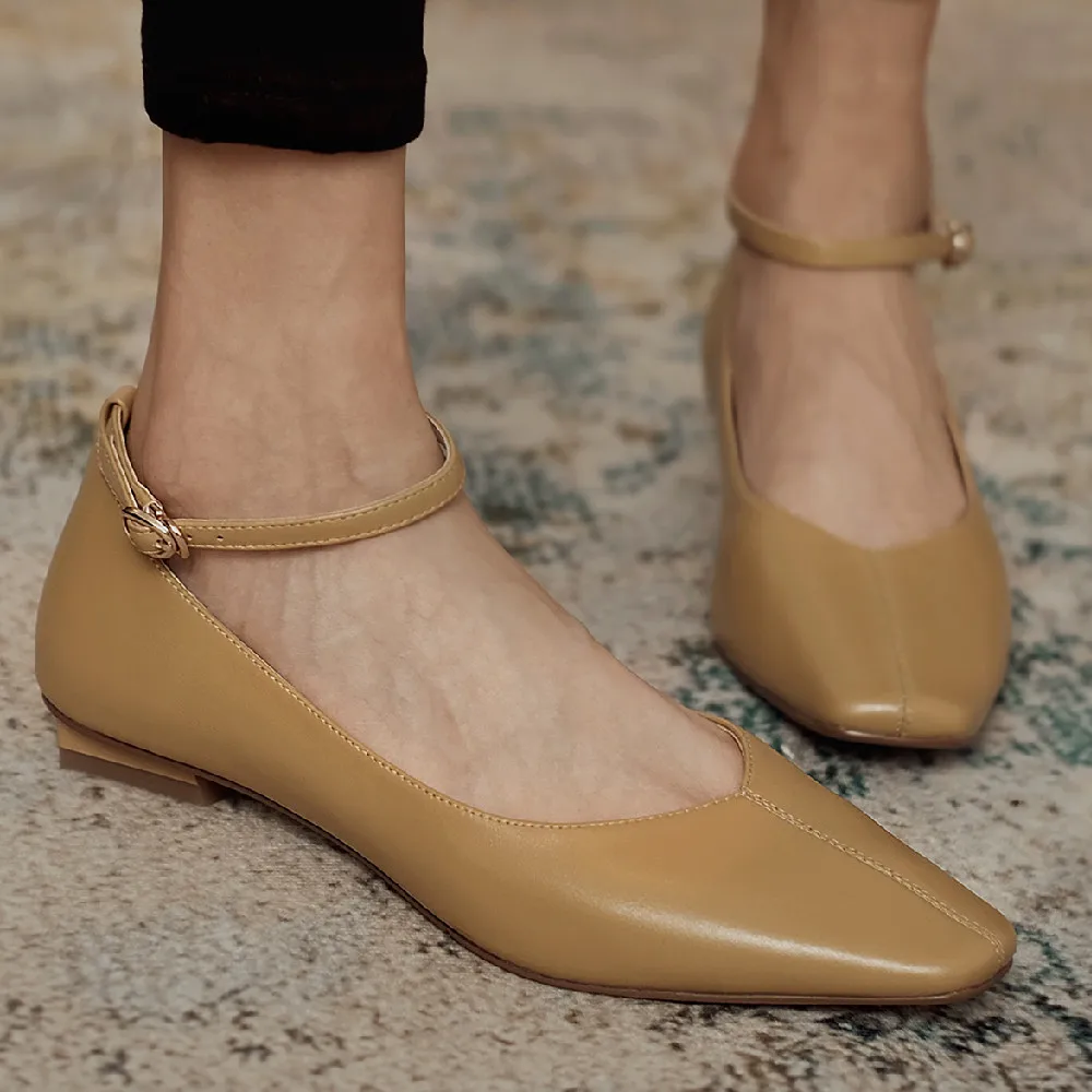 

Women's genuine leather ankle strap square toe flats single shoes high quality soft comfortable student style daily casual shoes