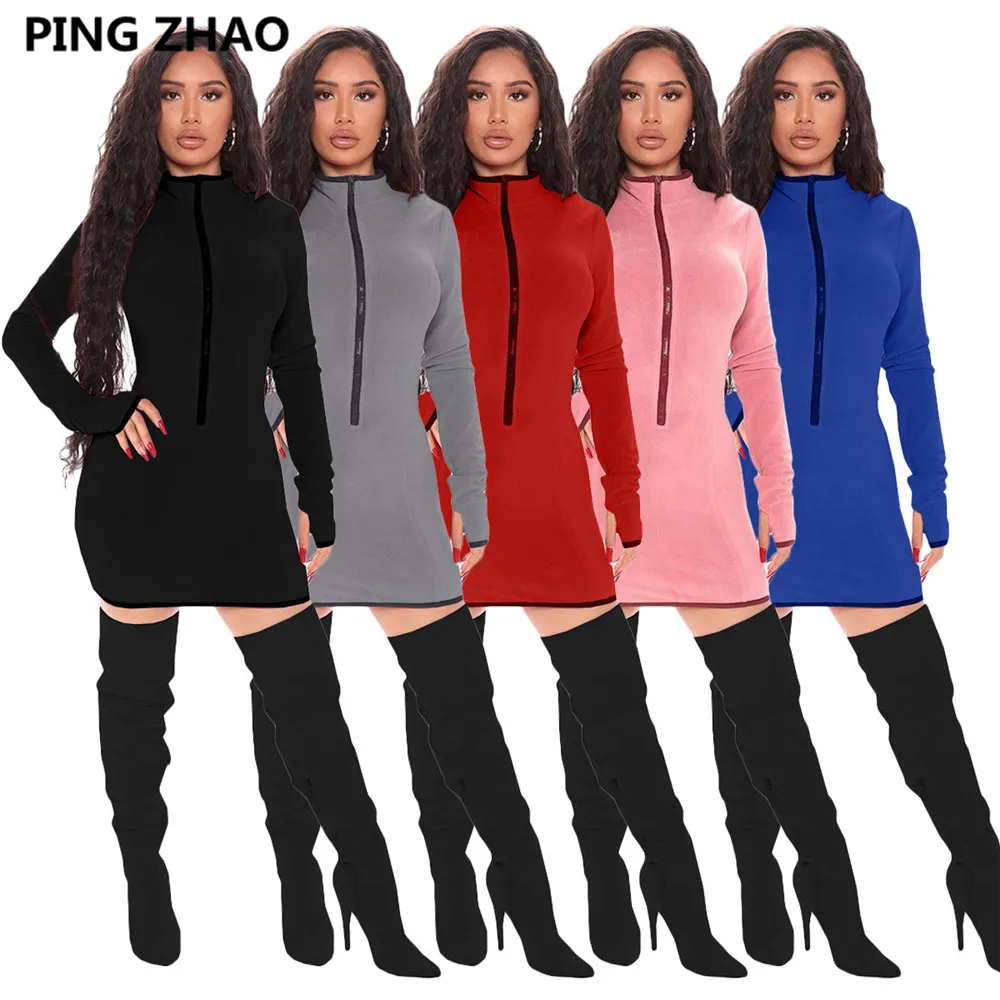 

PING ZHAO Fall Long Sleeve Women Zipper Neck Bodycon Midi Dress Sexy Club Party Pencil Mini Dresses