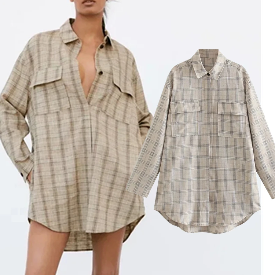 

Elmsk Shirt England Fashion Vintage Pockets Loose Oversize plaid Blouse Women Boyfriend Blusas 2021LongWomen Blouse And Tops