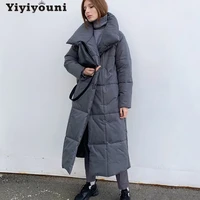 yiyiyouni 2021 oversized thick long parkas women solid long sleeve button pockets jacket female casual straight winter coat lady