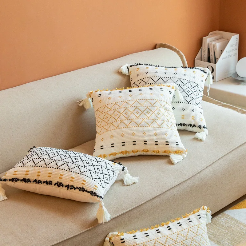 

Желтая наволочка с геометрической кисточкой, 45x45 см, 30x50 см, квадратная наволочка, скандинавский диван, украшение для гостиной и дома
