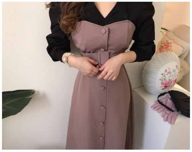 

YAMDI French style patchwork belt bodycon Spring autumn Women Casual Party Dresses Eleagnt lace-up Slim Dress Fashion wrap robe