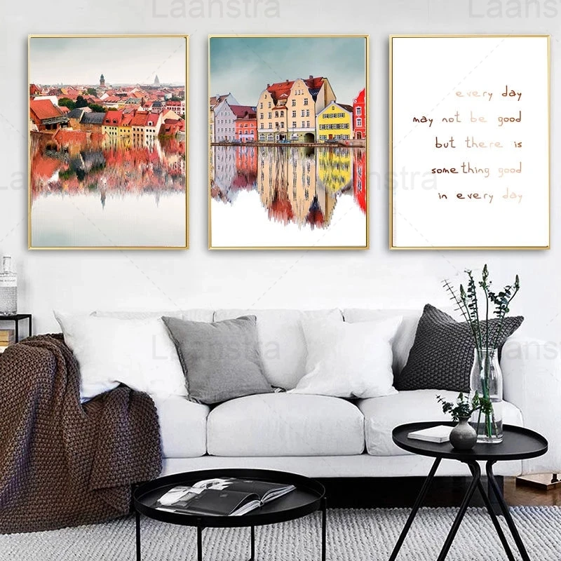 

Modern Decorative Pictures Nordic Town Lake Landscape Reflection Good Quotes Canvas Painting Posters and Prints Home Decoration